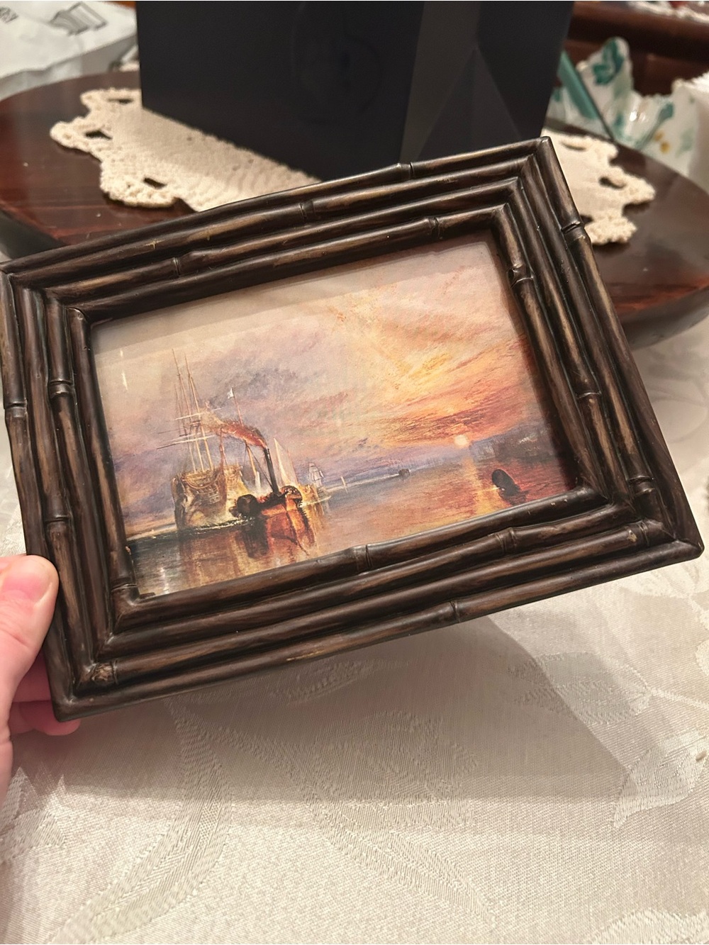 Vintage brown hallmark frame with vintage postcard copy of sailboat oil painting
